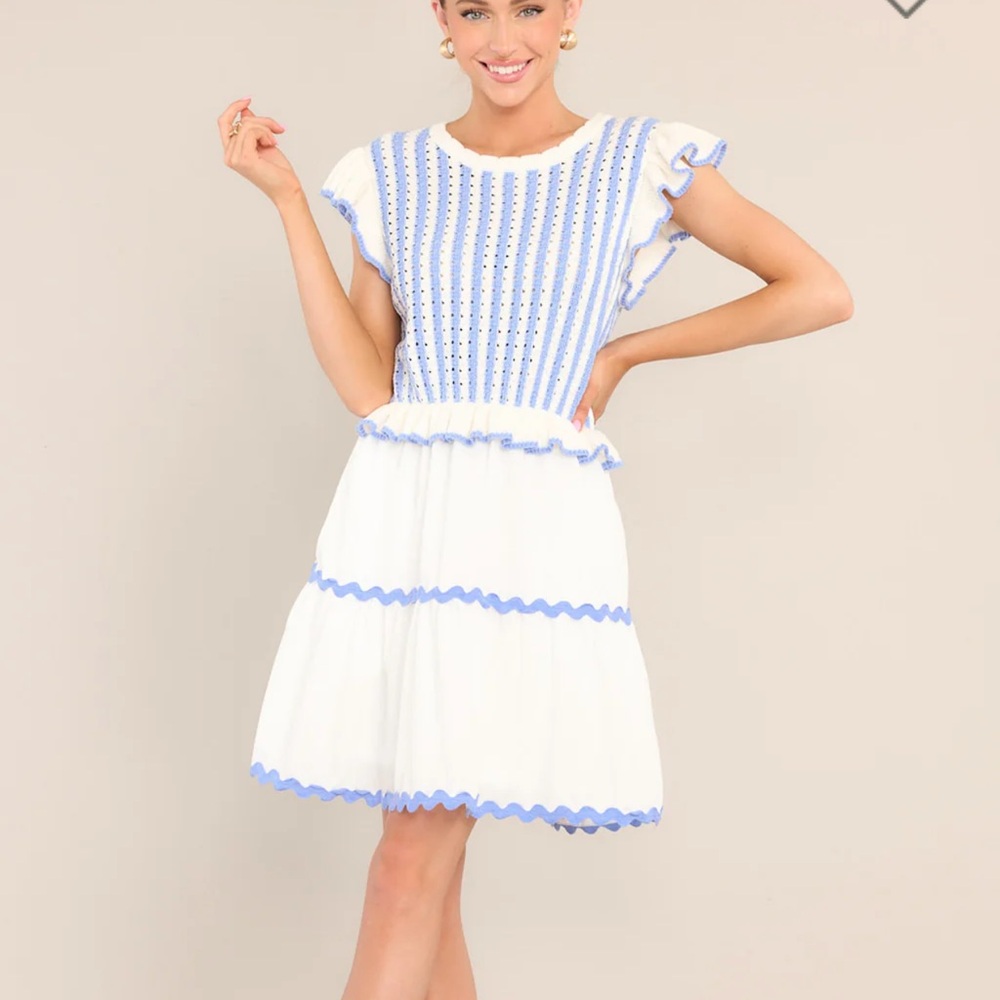 entro White Mini Dress with Light Blue Trim